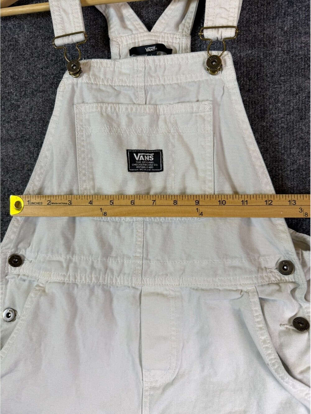 Vans Womens White Denim Overall Shortalls Size Large Off White Canvas Shortalls - Picture 5 of 7